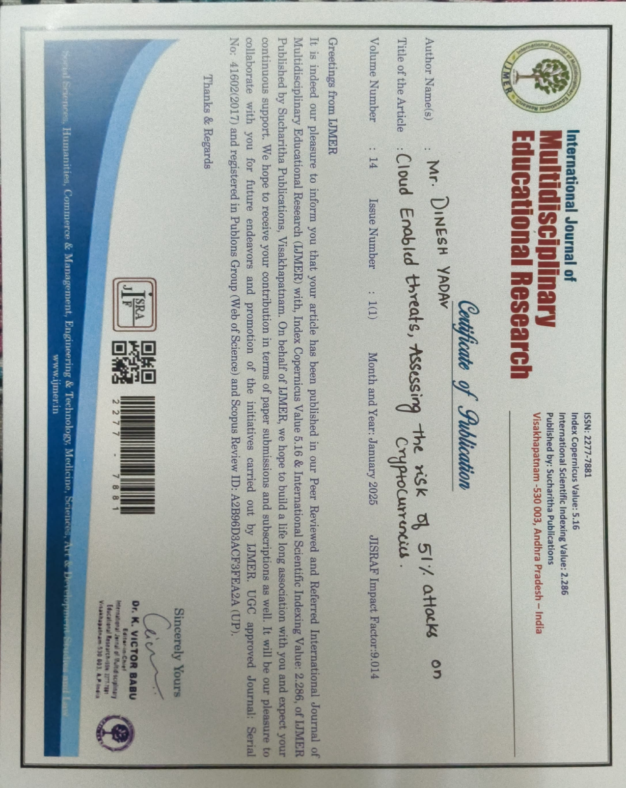 Conference Presentation Certificate