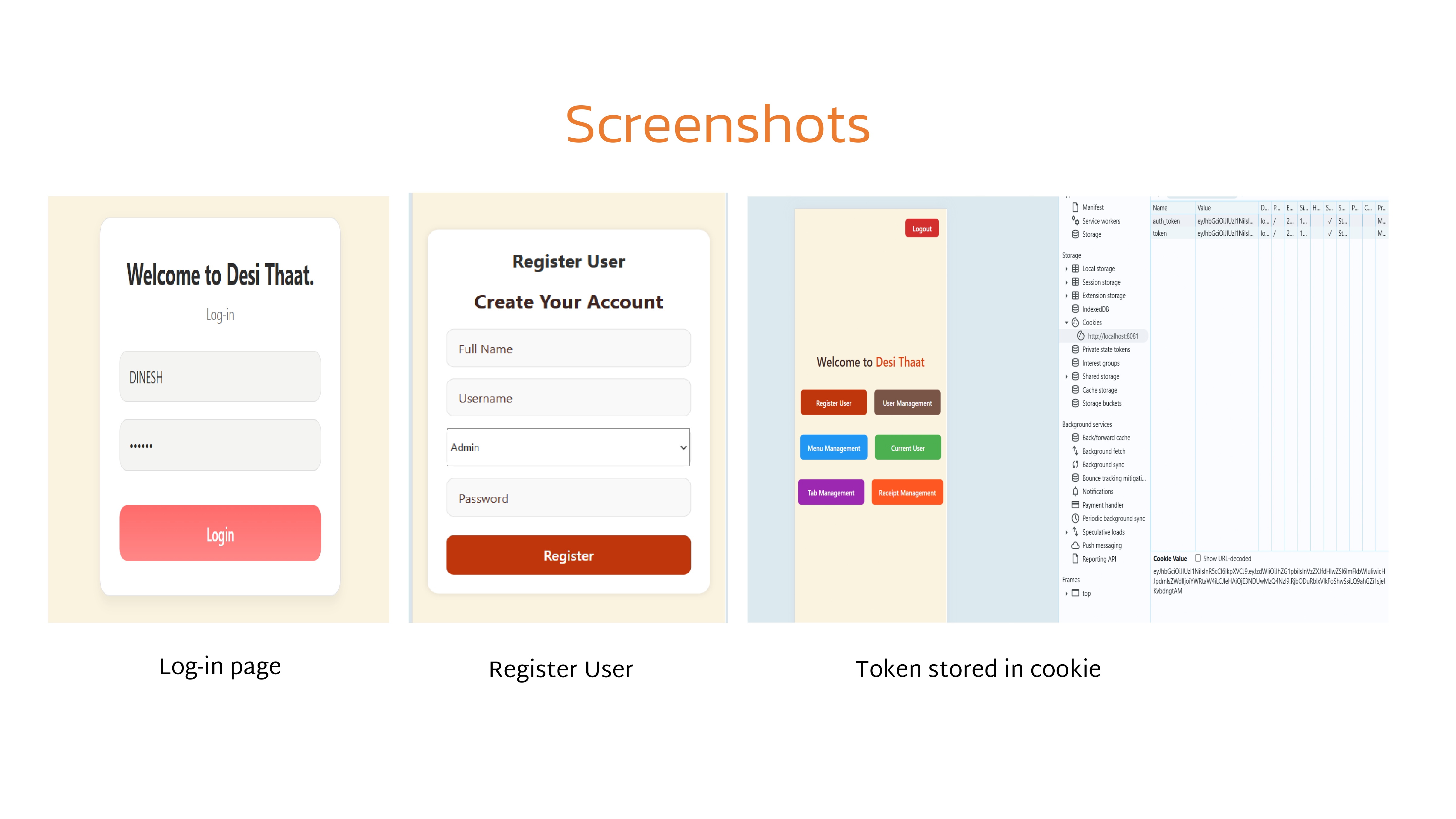 Login, Register, Token in cookie